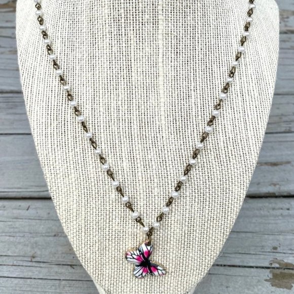 Jewelry - pearl & brass chain necklace with pink and white butterfly charm